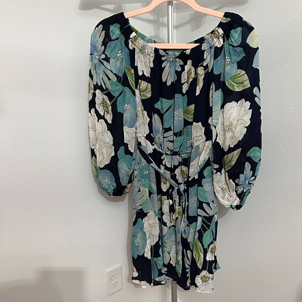 EUC LOFT Blue and Green Floral Long Sleeve Dress Small Petite